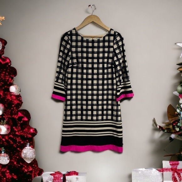 Eliza J dress windowpane print black tan hot pink exposed back zipper size 6 - Picture 2 of 7